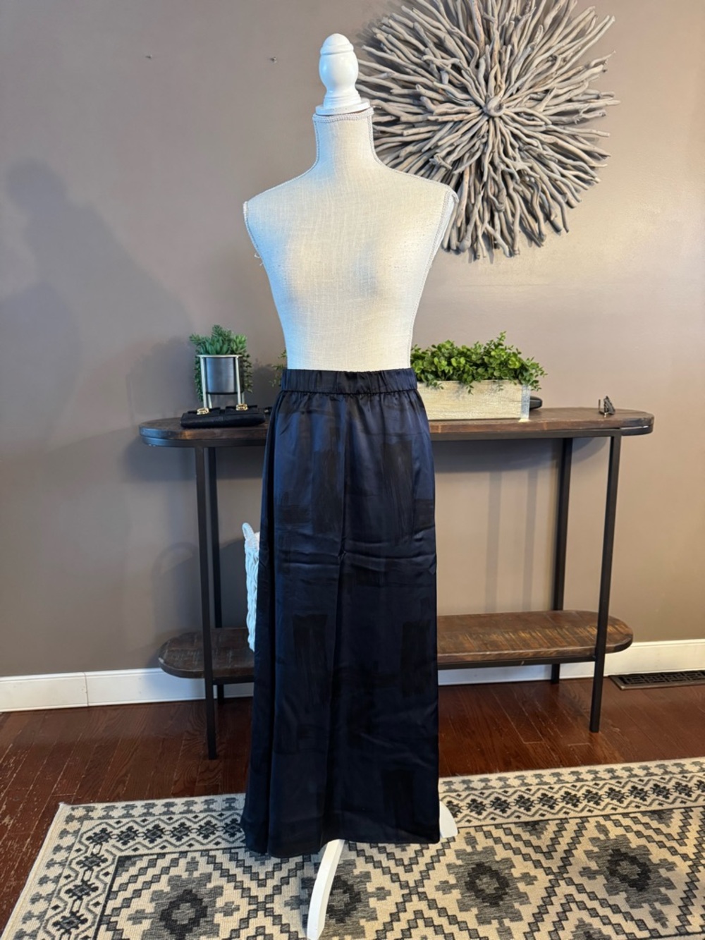 Eileen Fisher silk maxi skirt with navy blue and black pattern